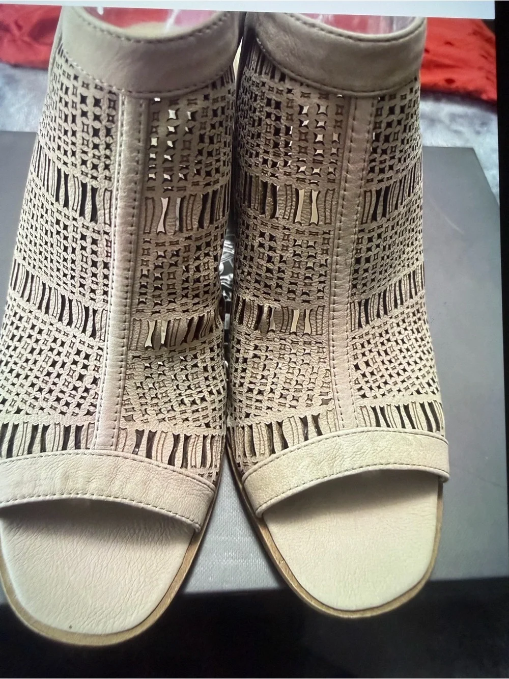Vince Camuto Taupe Laser-Cut Peep-Toe Wedge Sandals